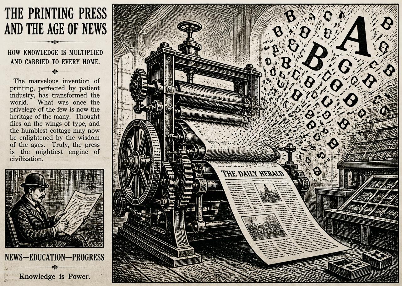 Gravure ancienne d'une presse d'imprimerie et de caractères typographiques